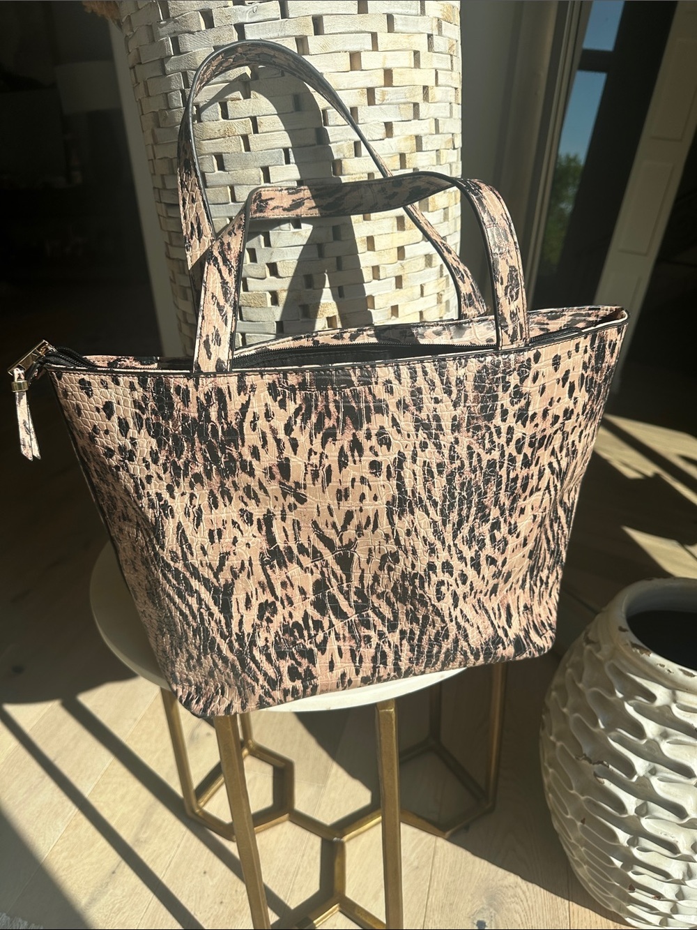 Leopard-Panel Croc-Embossed Tote in Blush/Tan - Picture 2 of 6